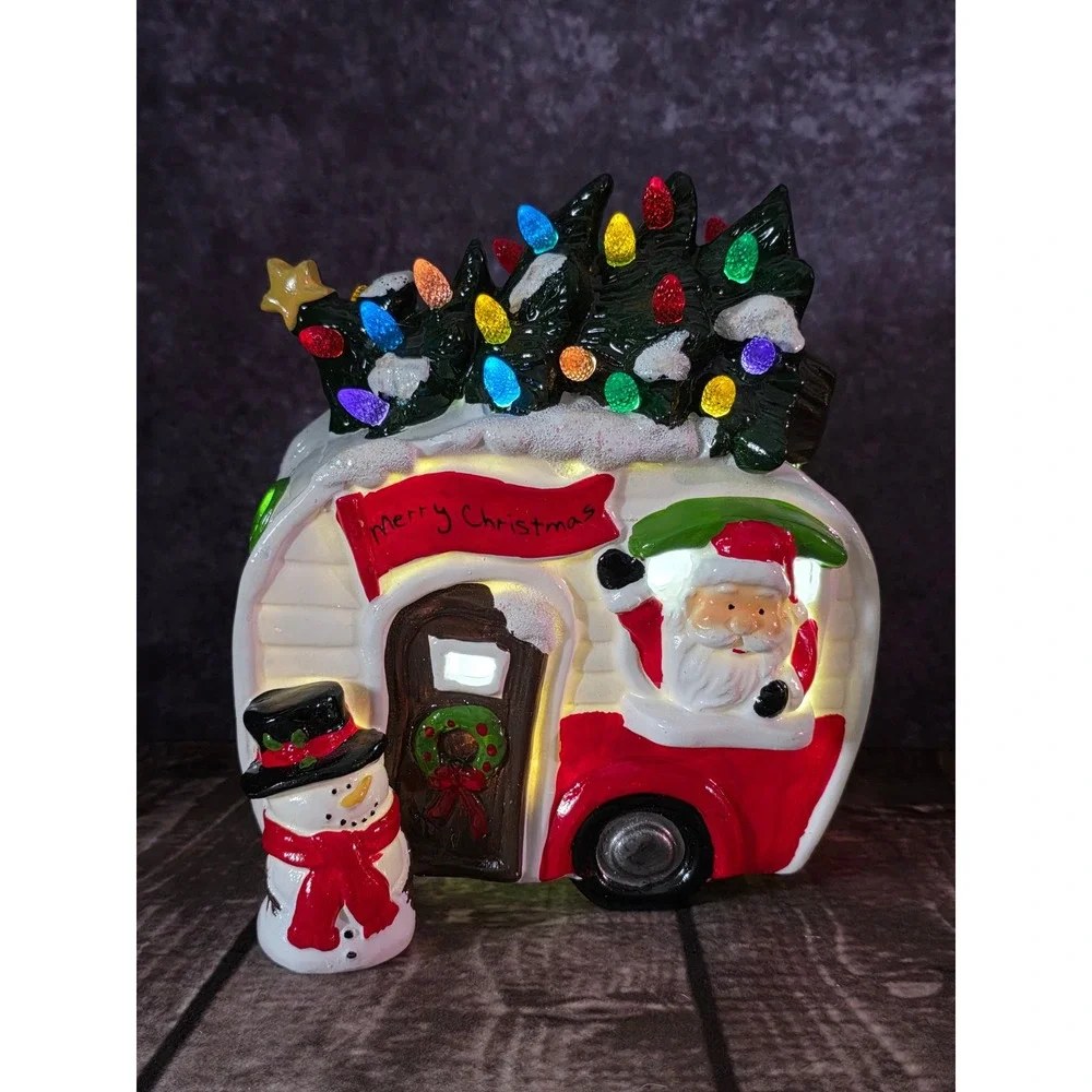 Christmas Camper LED Light Up Ceramic Decor Santa Snowman Tree Retro Trailer 8in